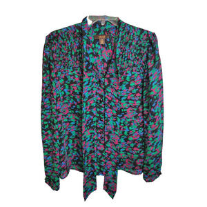 Victor Alfaro Bold Green Pink Abstract 100% Silk Long Sleeve Shirt Women's 14W
